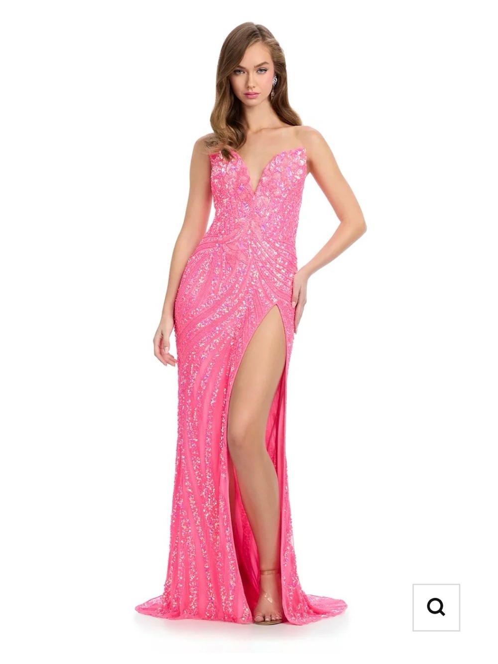 Ashley Lauren, #11236 Strapless Bright Pink Floral Sequin Gown. Women Size 16